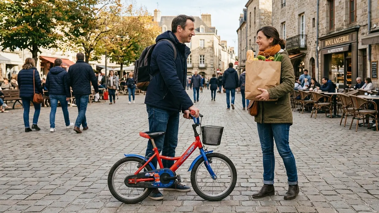 Sur une place pavée bordée d'une boulangerie, un homme tient un vélo d'enfant face à une femme qui porte un sac de courses.